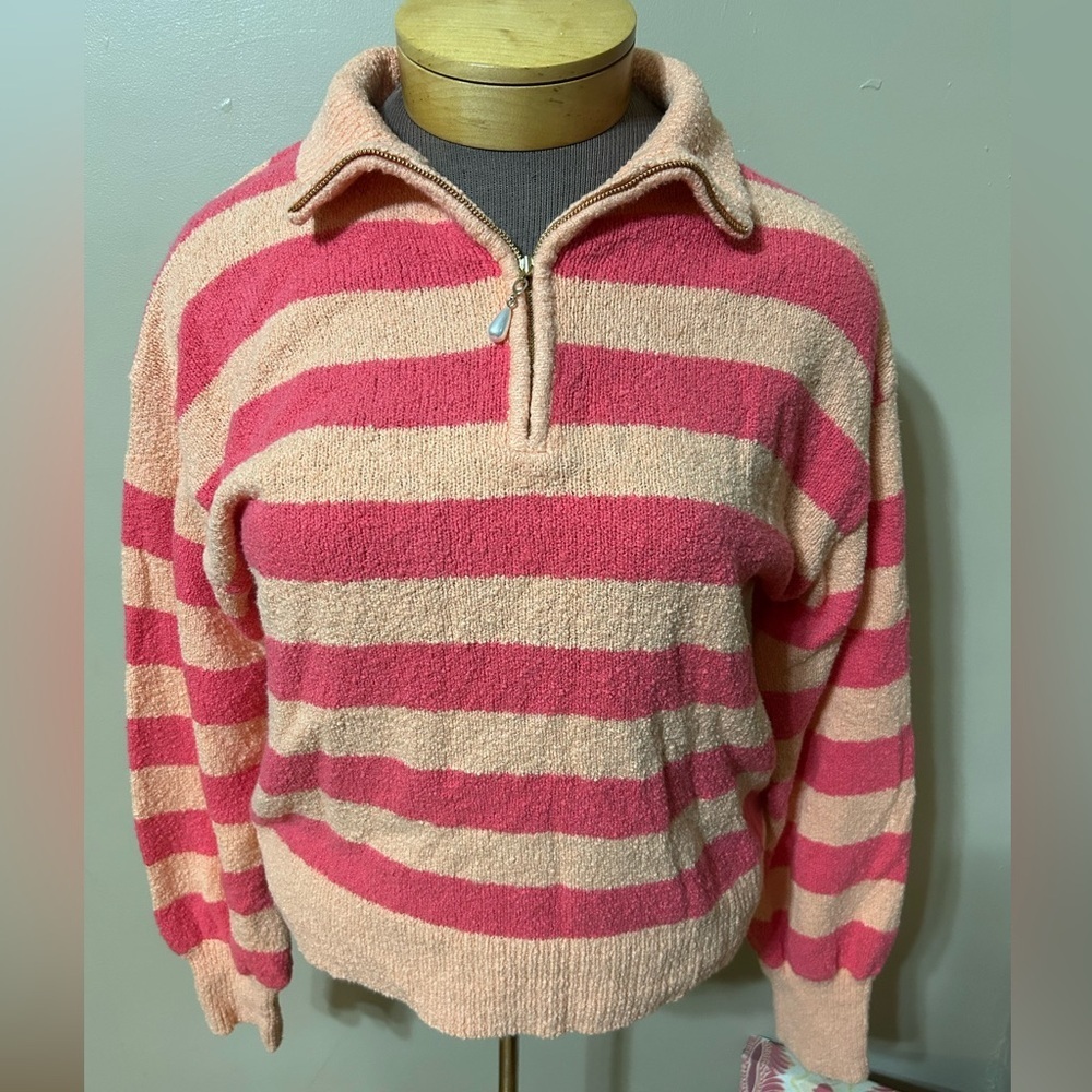 J.‎ Crew Factory Striped Half Zip Pullover Knit Sweater Orange Pink Size L
